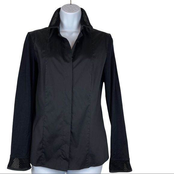 Akris Punto Top Button Down Shirt Black Mesh Collar & Cuffs Size 8 - Picture 1 of 13